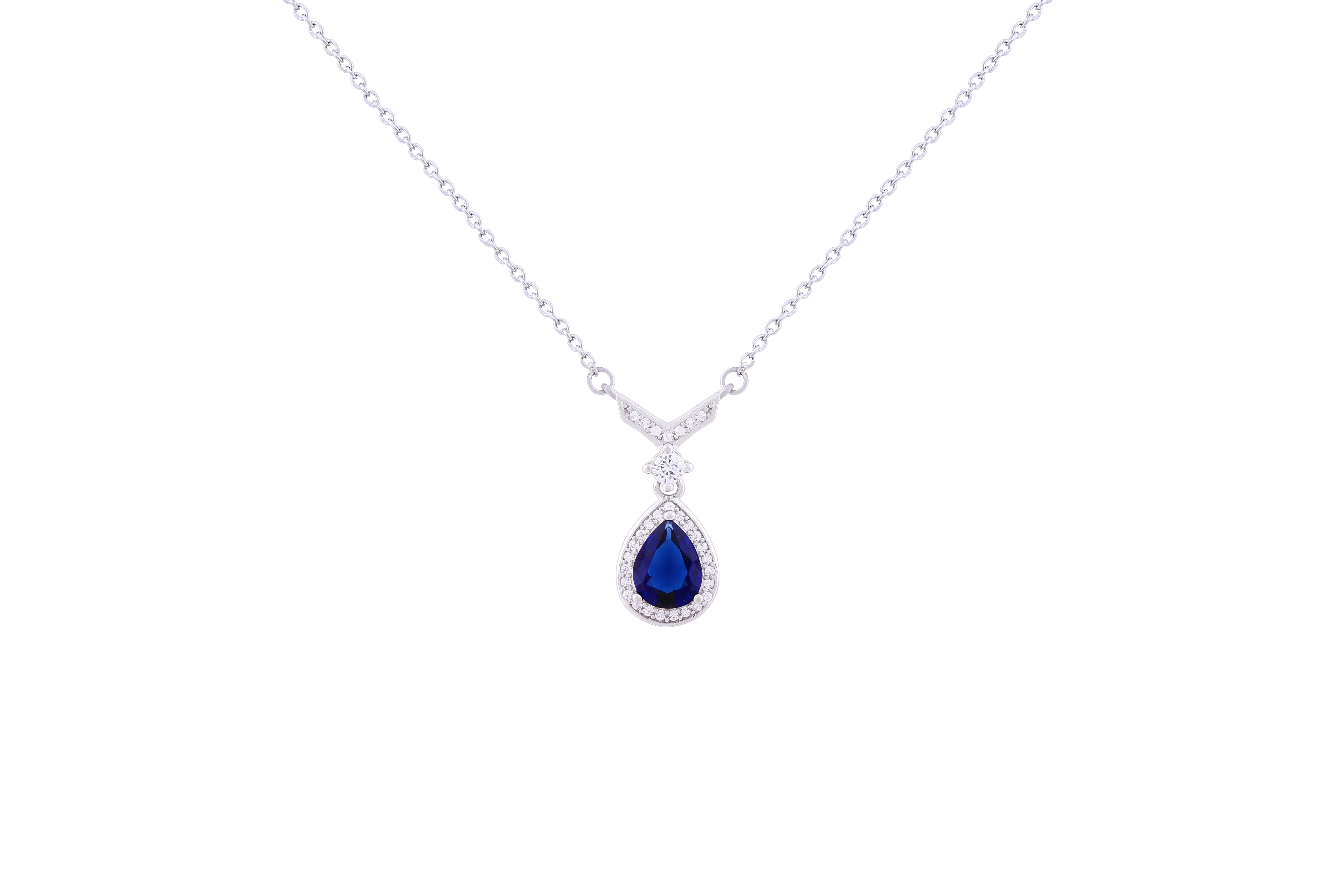 Asfour 925 Sterling Silver Necklace With Blue Pear Pendant NR0498-B