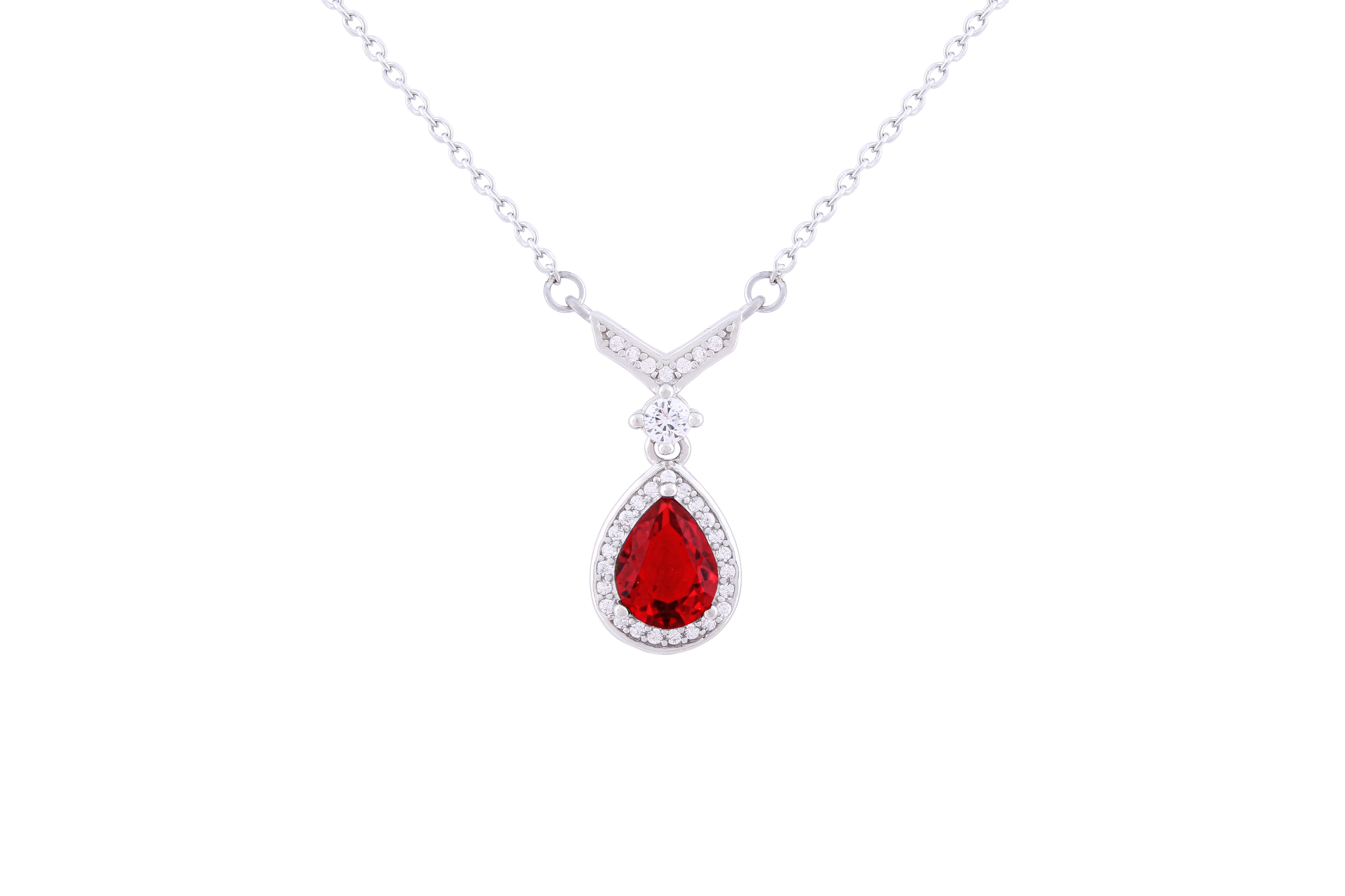 Asfour 925 Sterling Silver Necklace With Red Pear Pendant NR0498-R
