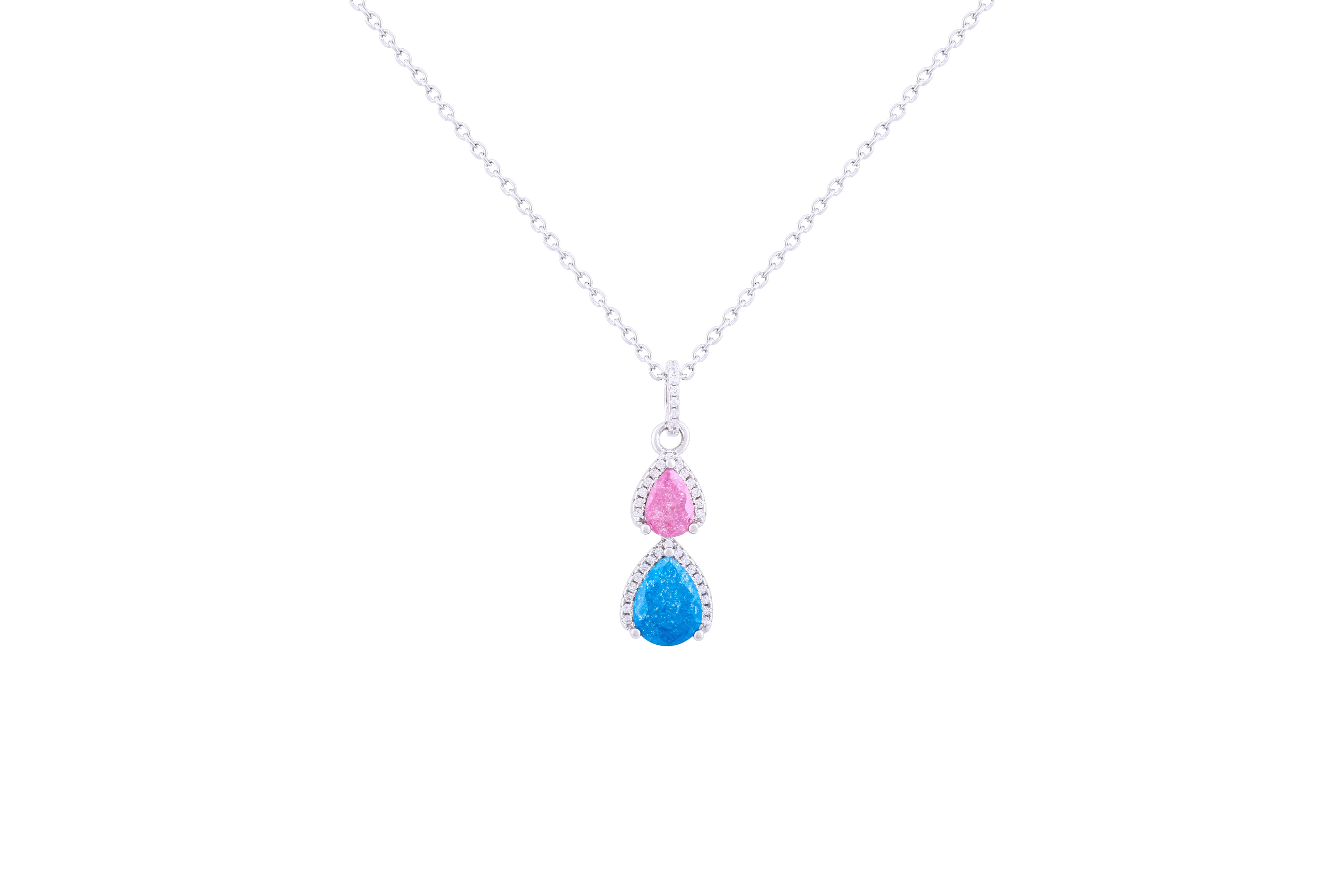 Asfour 925 Sterling Silver Necklace With Rose & Aquamarine Pear Pendant NR0499-BO-A