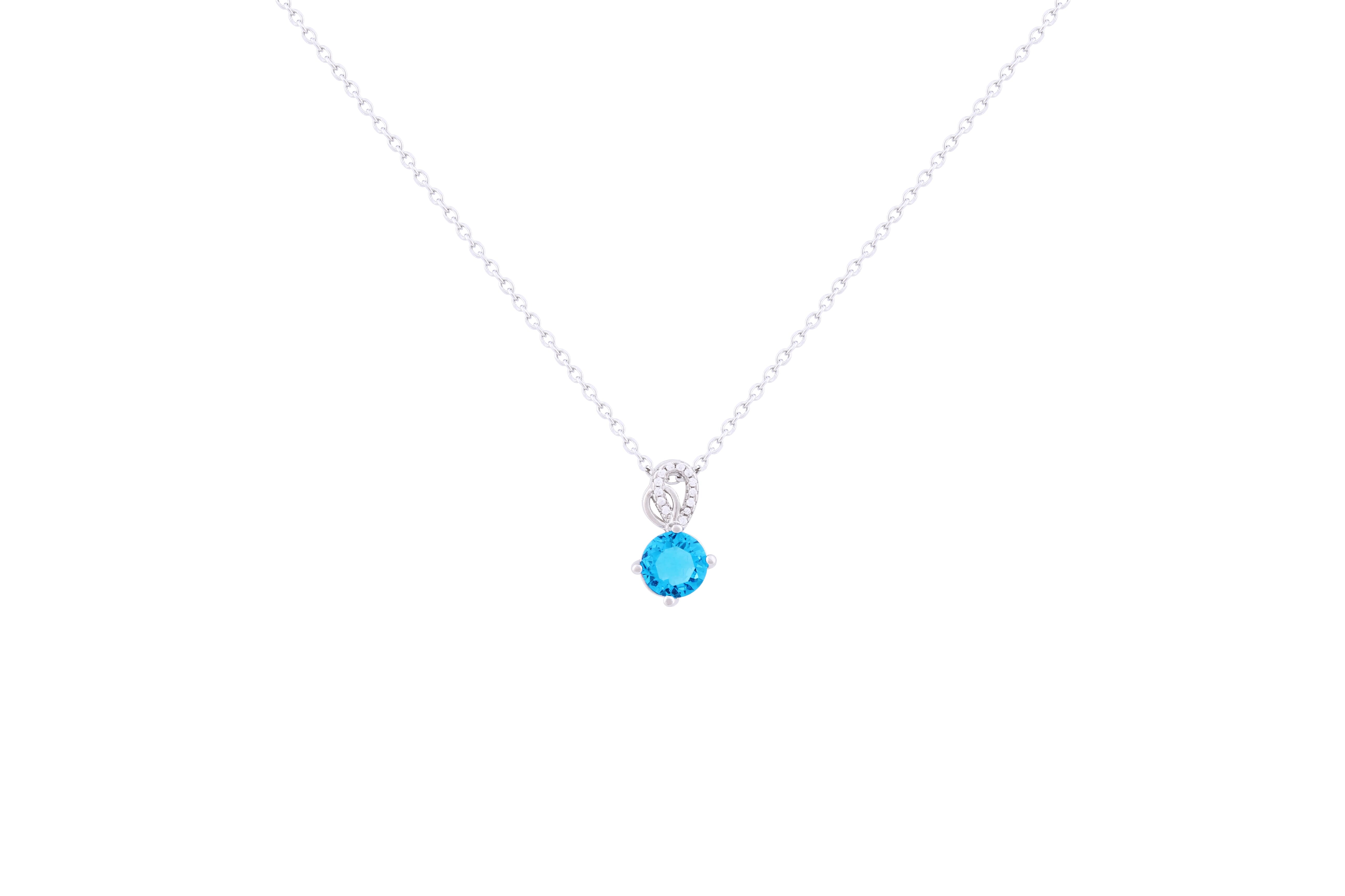 Asfour 925 Sterling Silver Necklace Inlaid With Round Aquamarine Zircon Stone NR0500-M