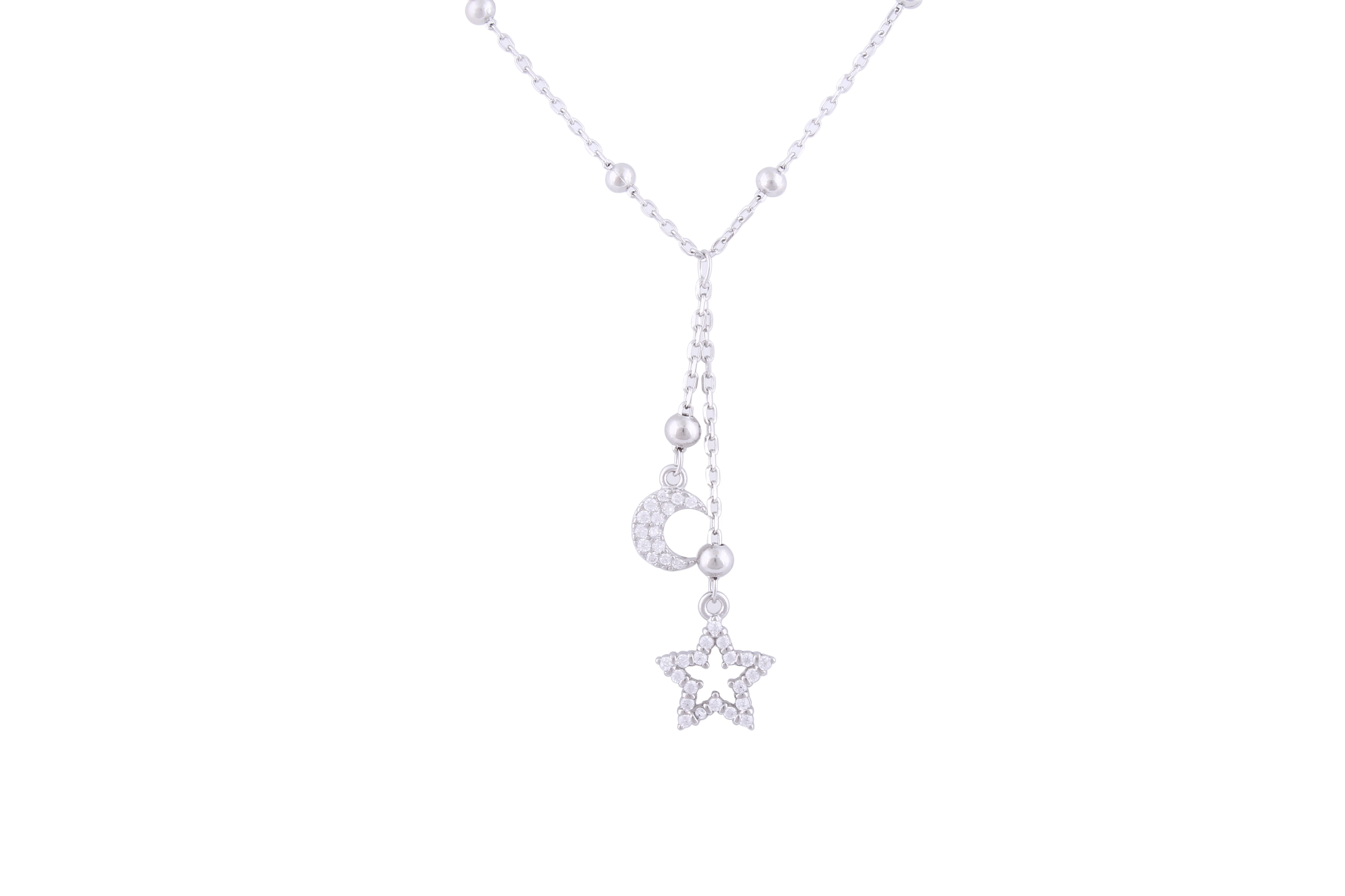 Asfour Silver Necklace With Crescent & Star Design
