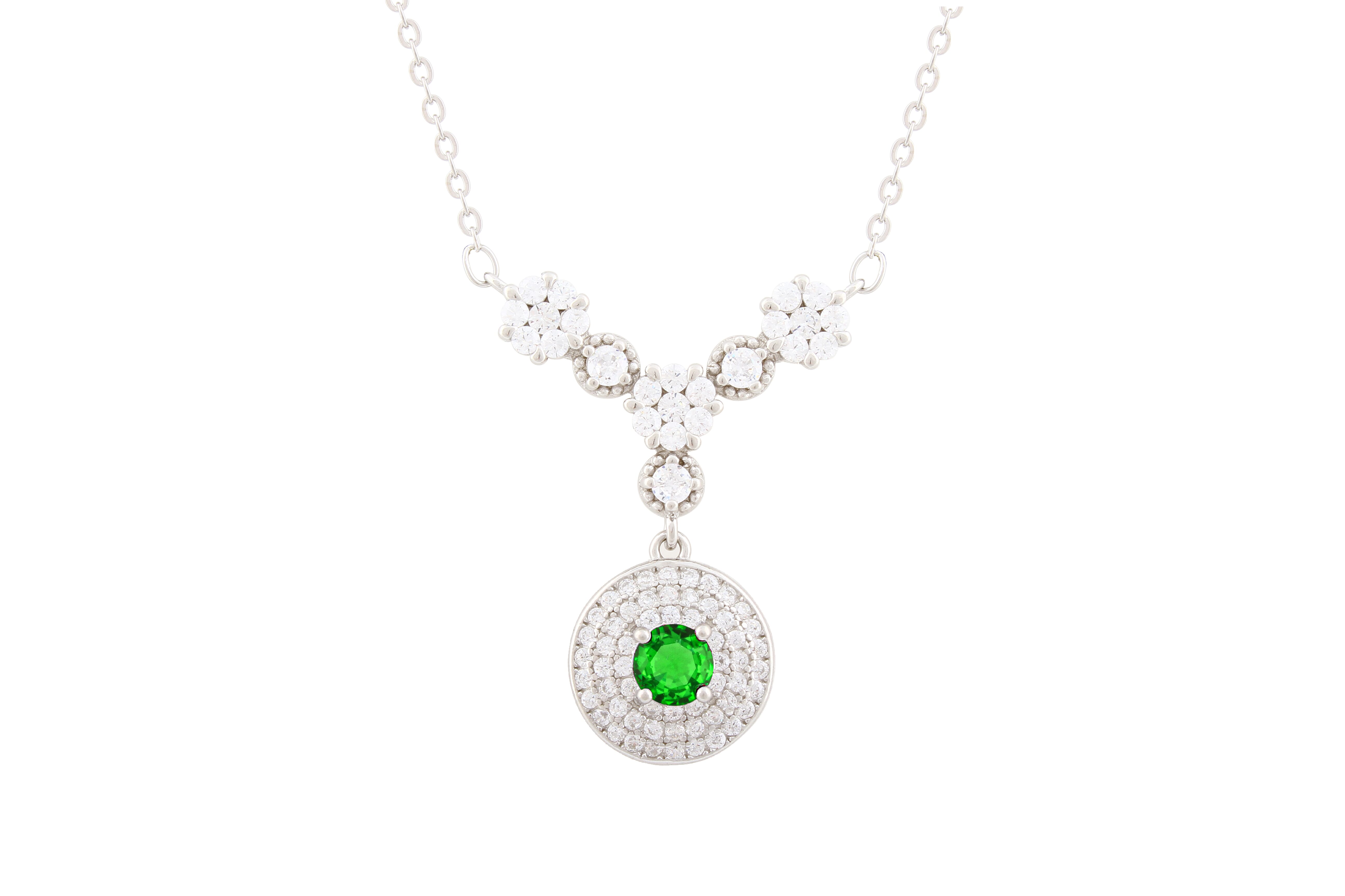 Silver Cluster Necklace With Green Round Pendant