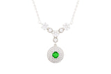 Silver Cluster Necklace With Green Round Pendant