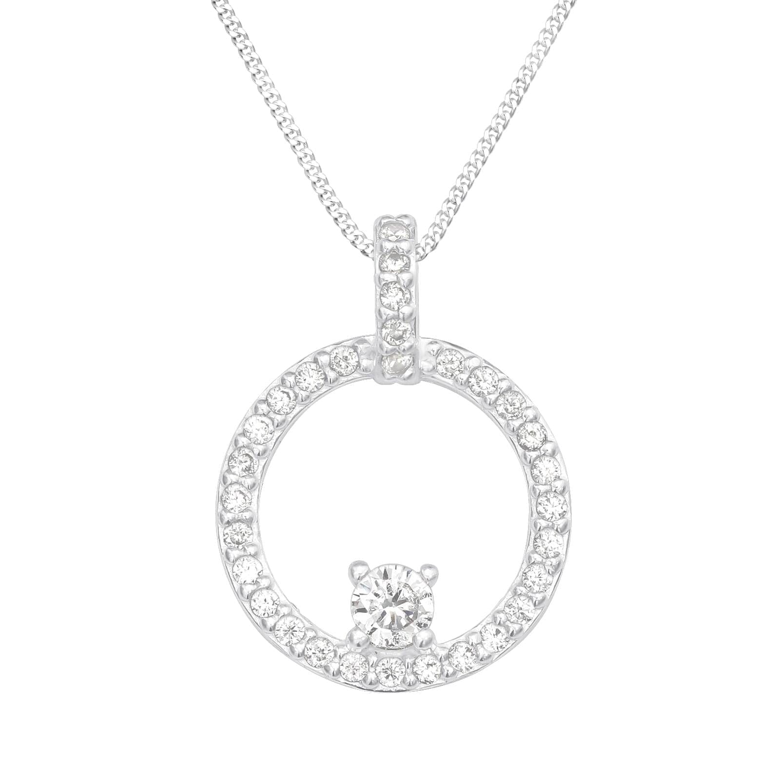 Asfour 925 Sterling Silver Necklace with Round Zicron Stone, Clear
