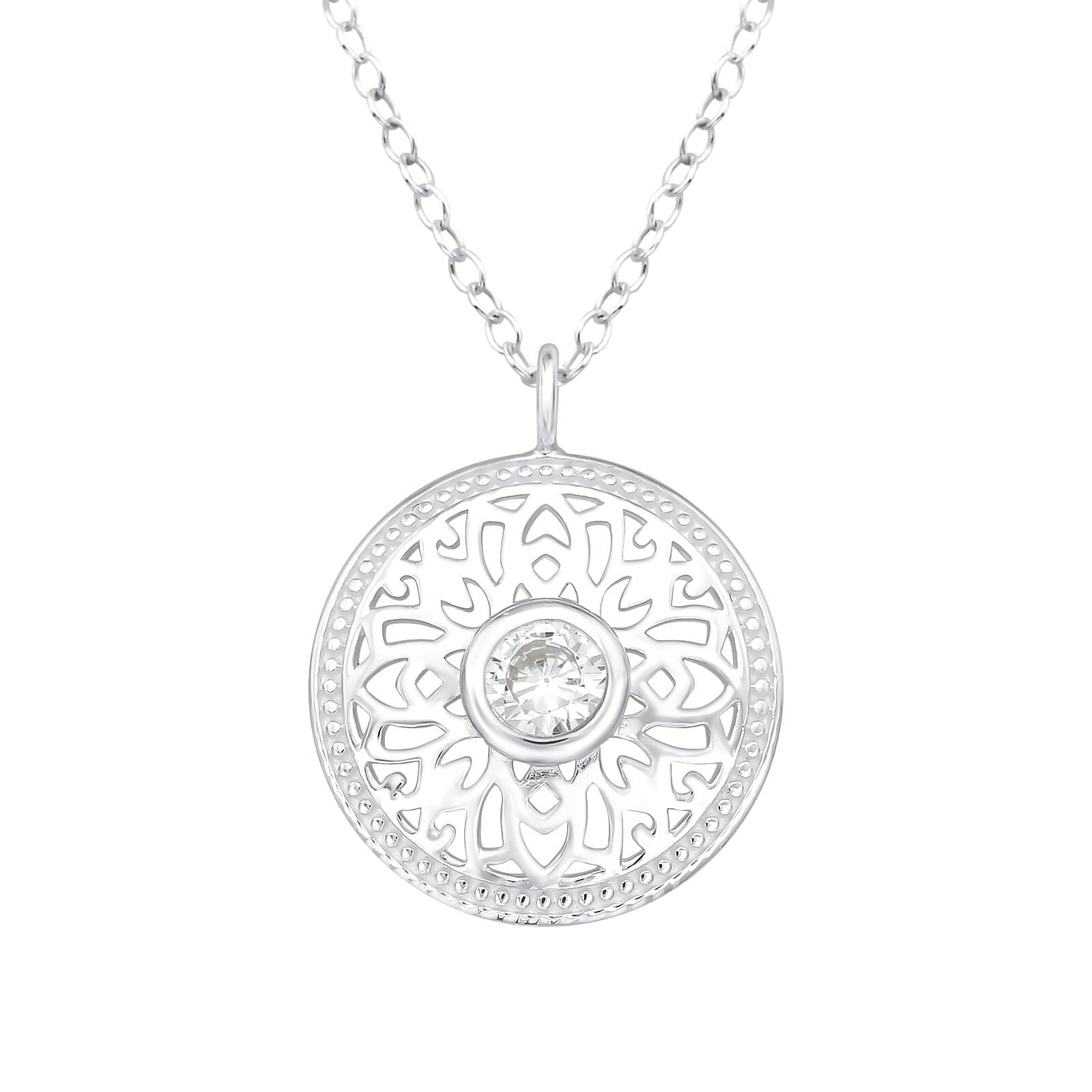 Asfour 925 Sterling Silver Necklace with Round Zicron Stone, Clear