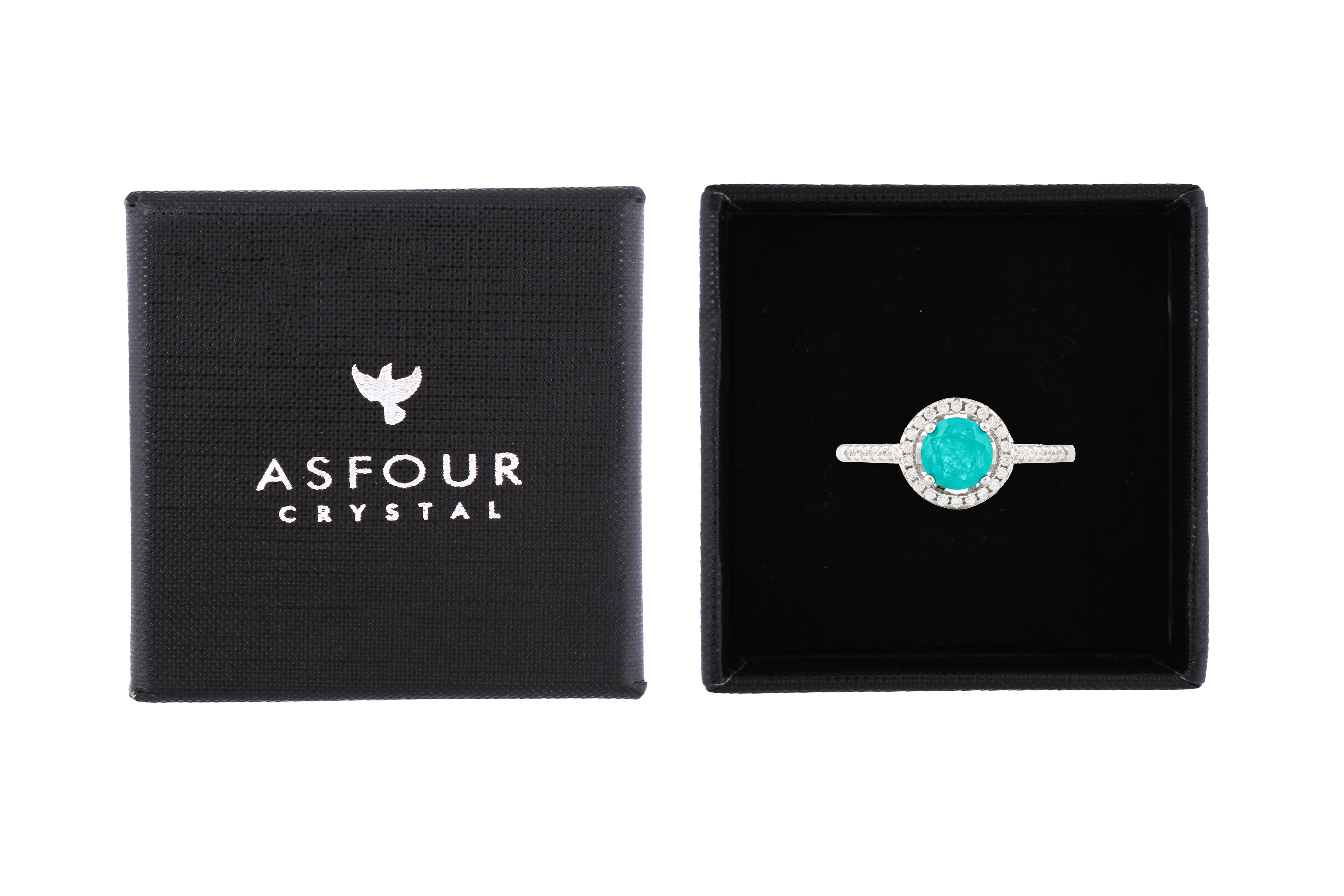 Asfour Crystal Drew Rind With Round Aquamarine Design In 925 Sterling Silver RD0030-GC-7