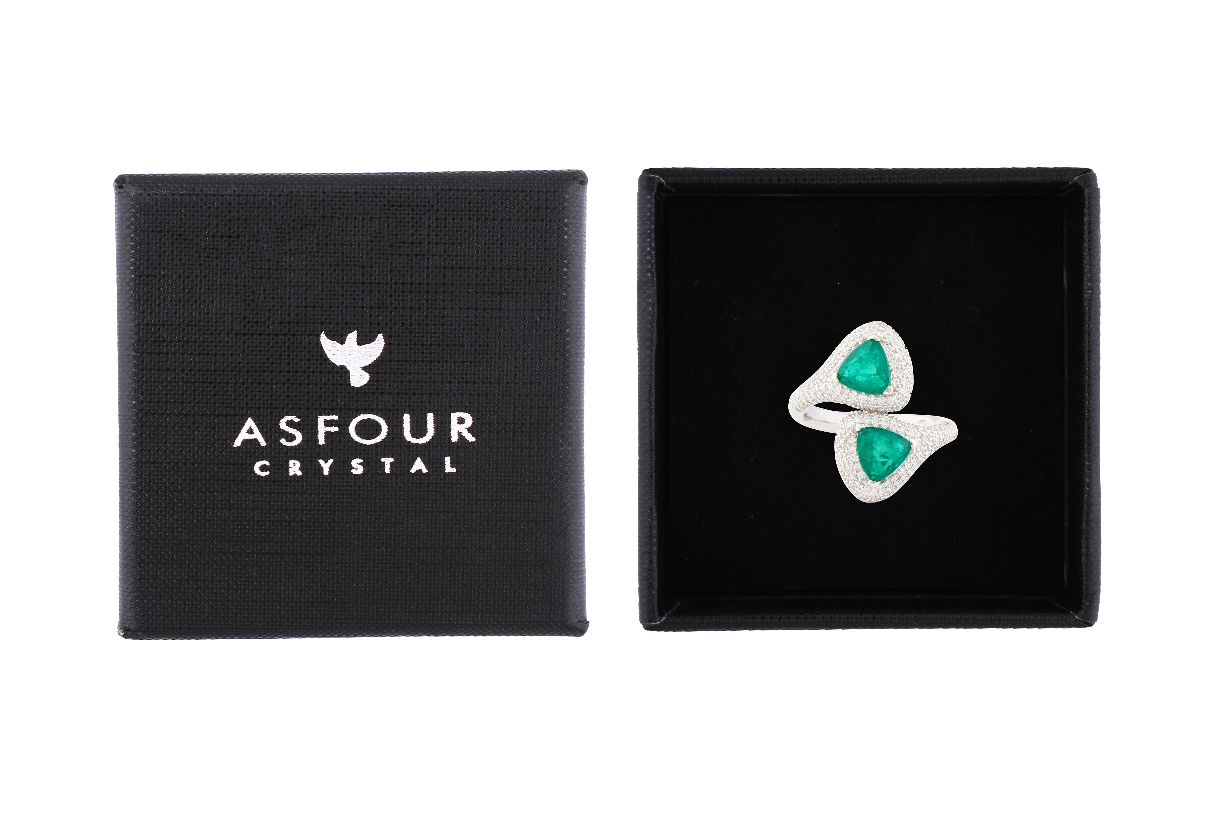 Asfour Crystal Drew Ring With Green Triangle Design In 925 Sterling Silver RD0032-G-7