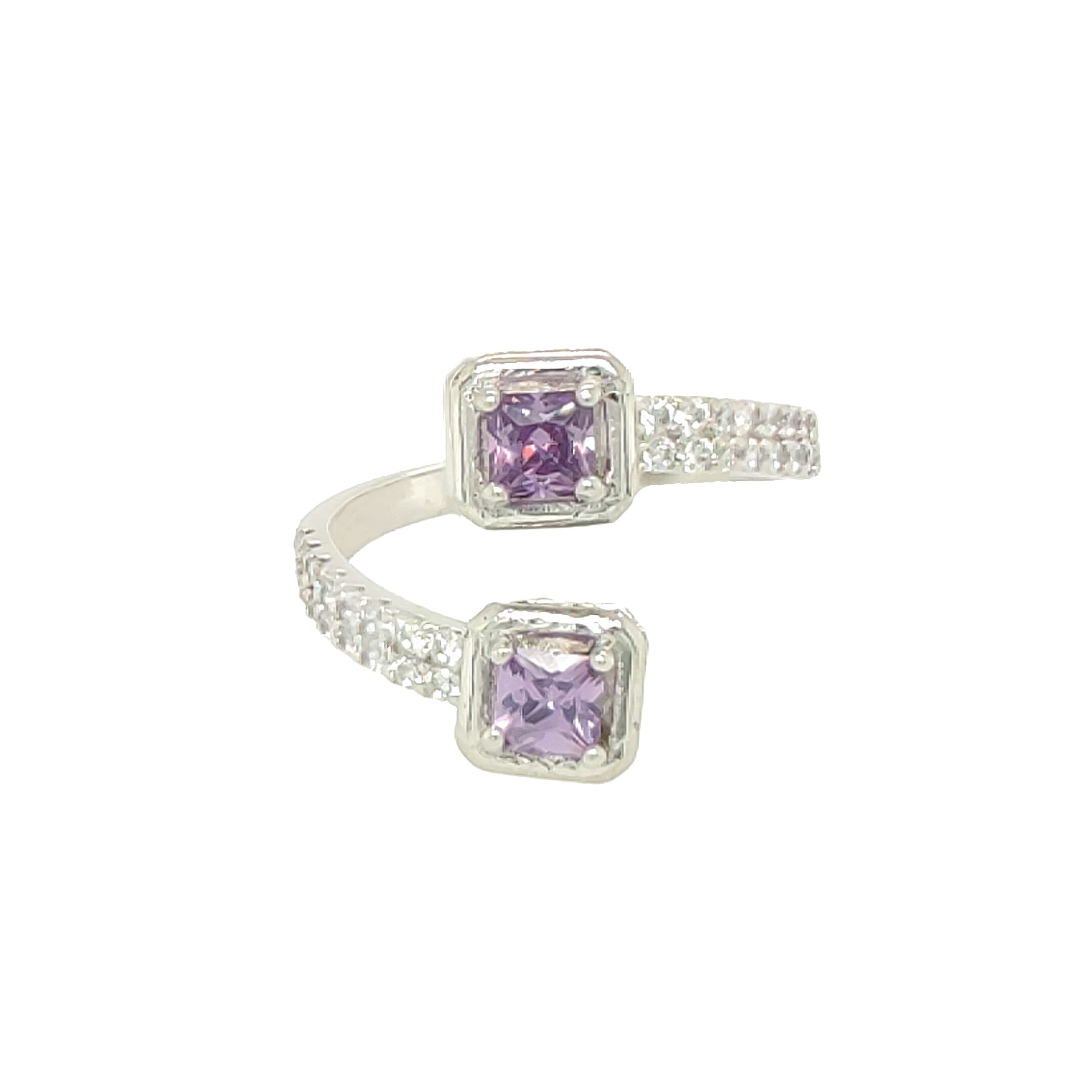 Asfour Crystal 925 Silver Two Square Shapes With Tanzanite Crystal Lobes Ring - Silver 