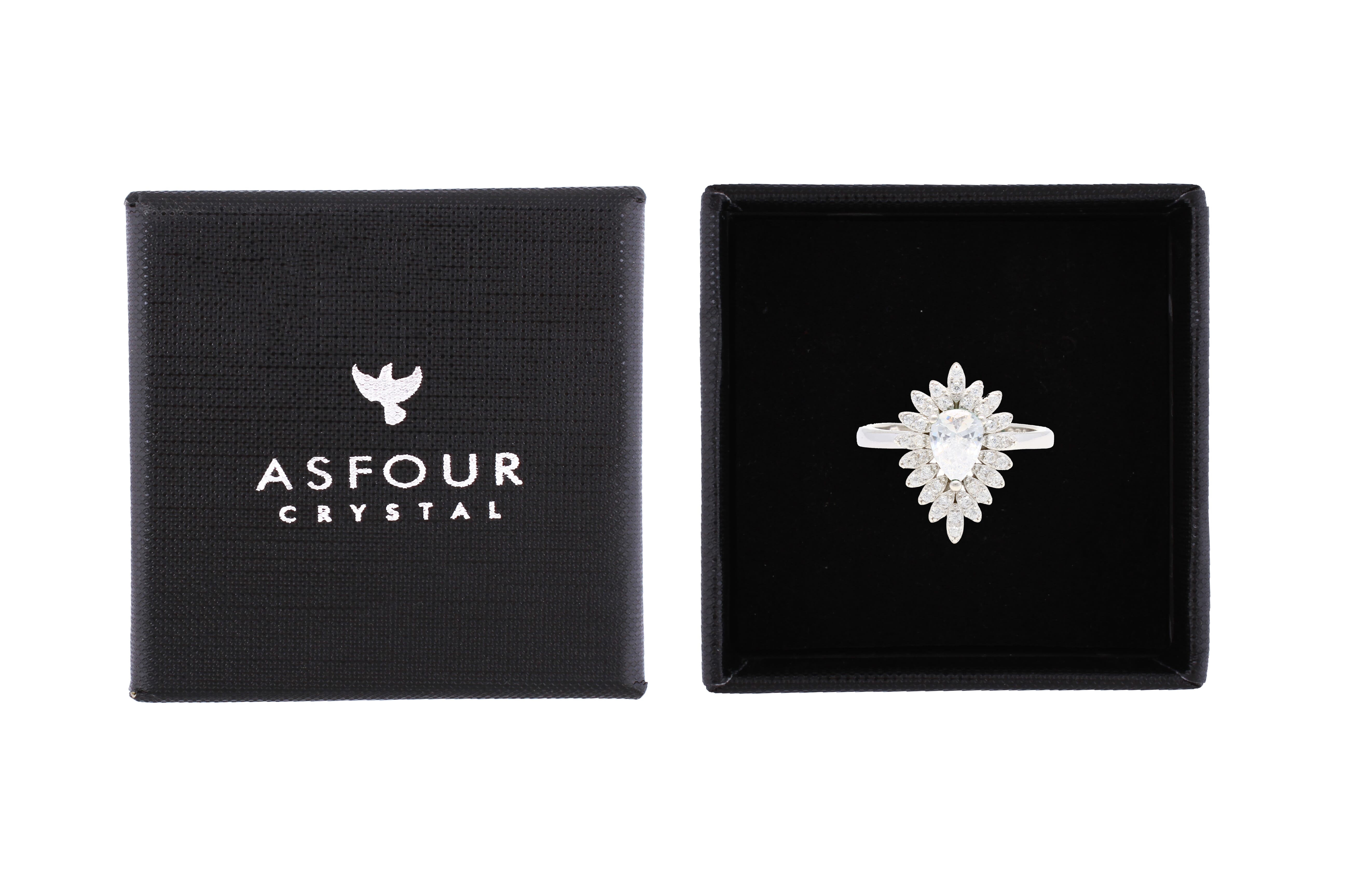 Asfour Cluster Ring With Pear Design Inlaid With Zircon In 925 Sterling Silver RR0331-W-7