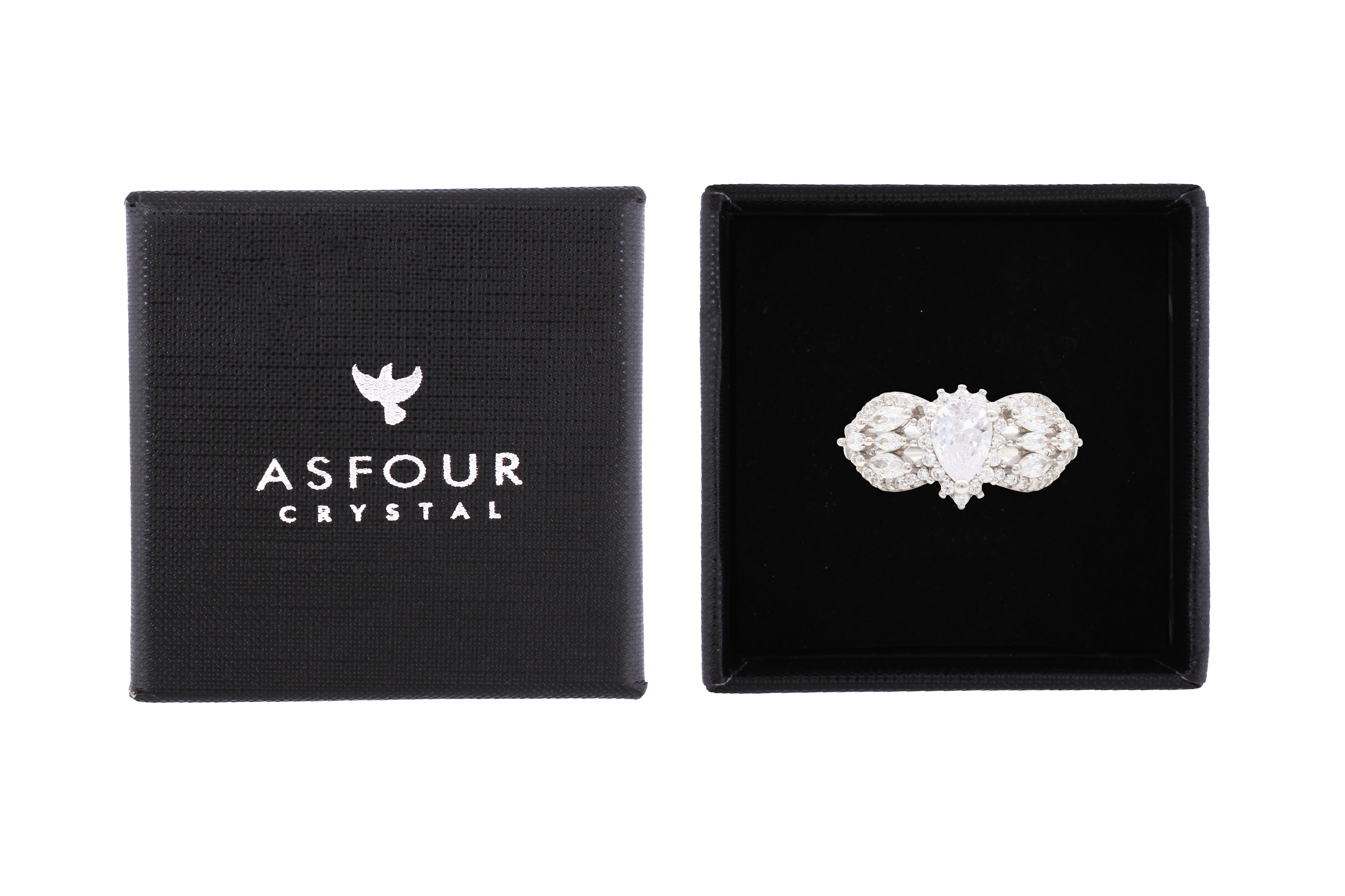 Asfour Cluster Ring With Pear Design Inlaid With Zircon In 925 Sterling Silver RR0350-W-9