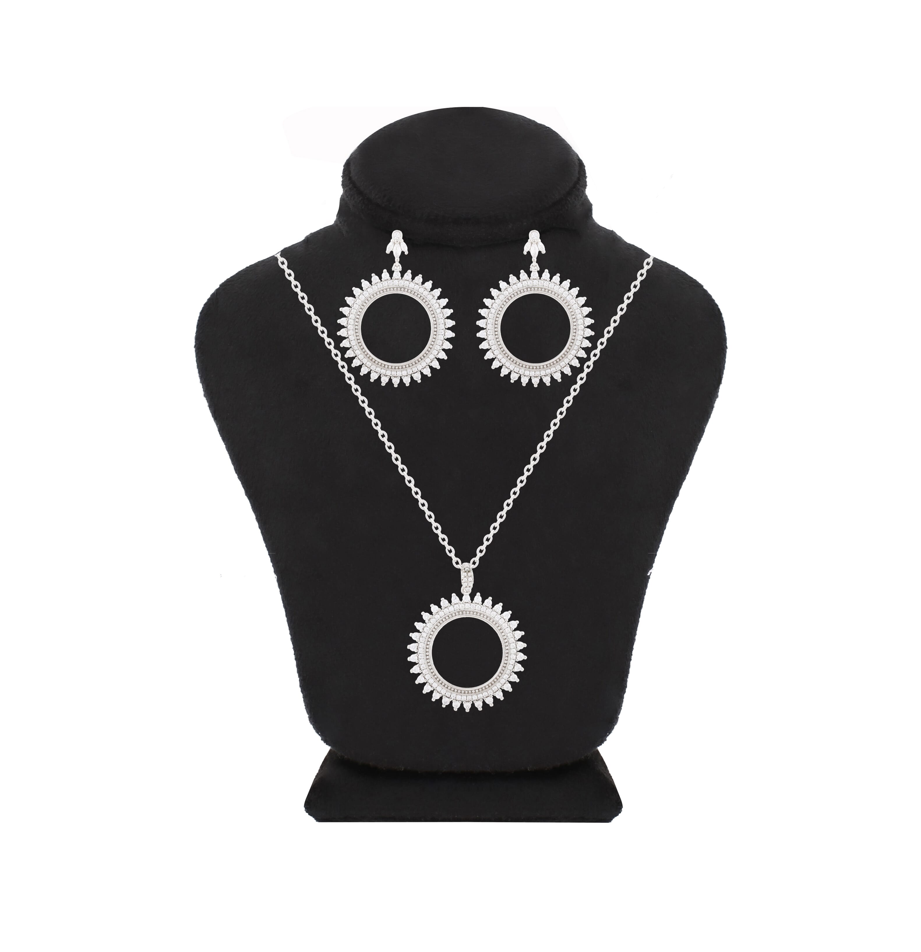 Asfour Crystal 925 Sterling Silver Necklace & Earrings With Hollow Round Design Inlaid With Zircon Stones SR0106-W