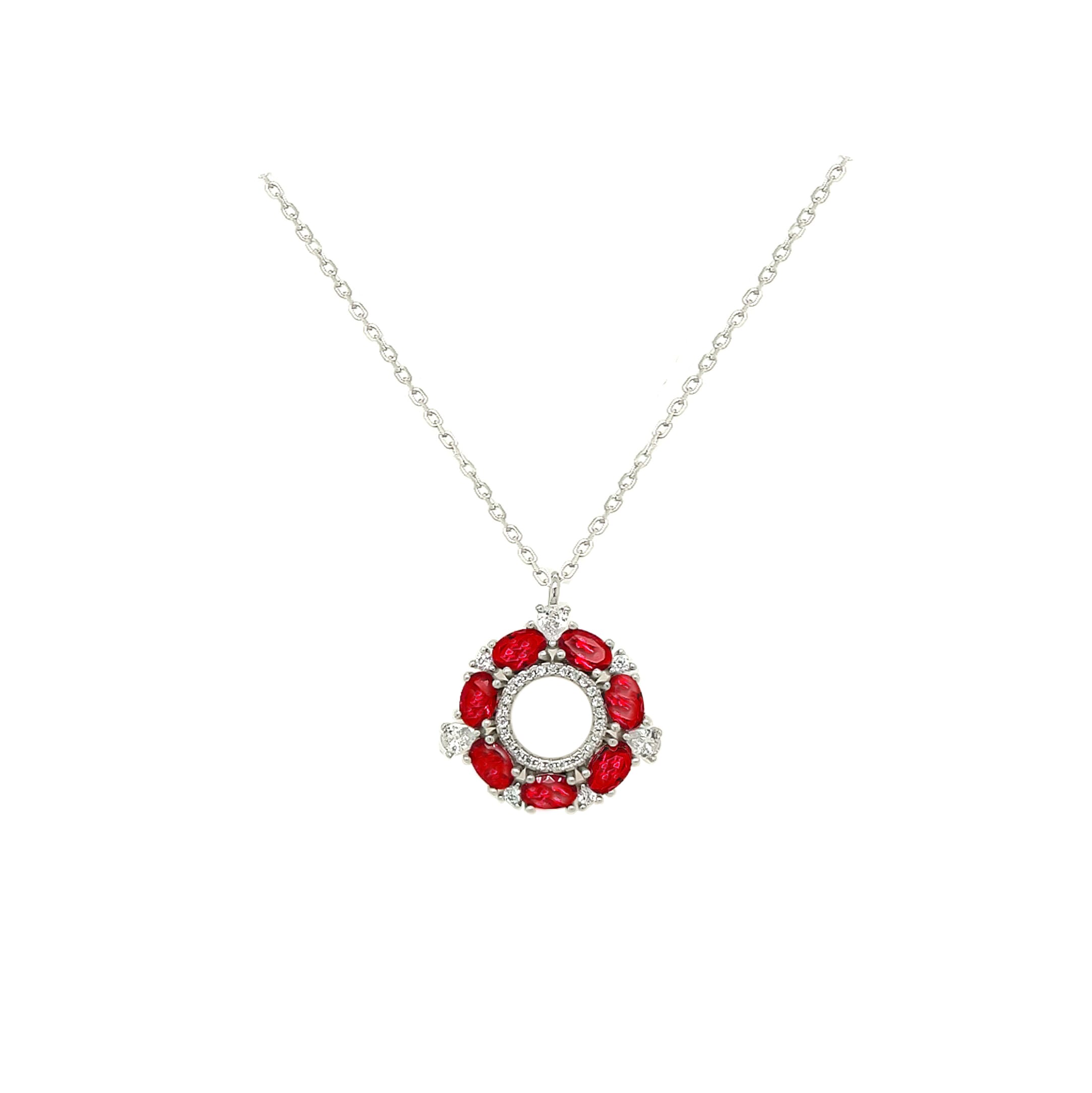 Asfour Crystal 925 Sterling Silver  Chain Necklace With Red Stones