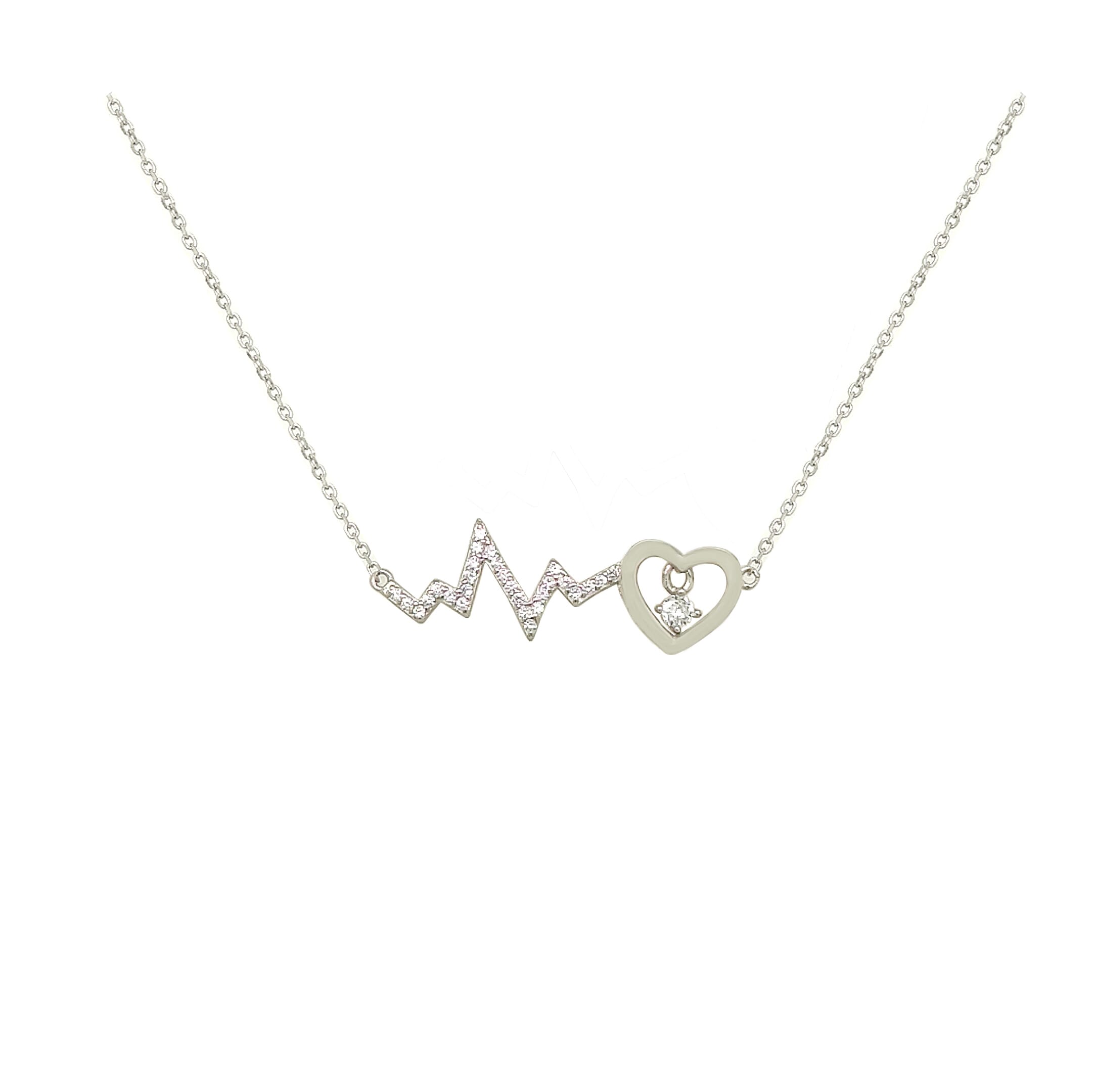 Asfour Crystal 925 Sterling Silver  Heart Beat Chain Necklace